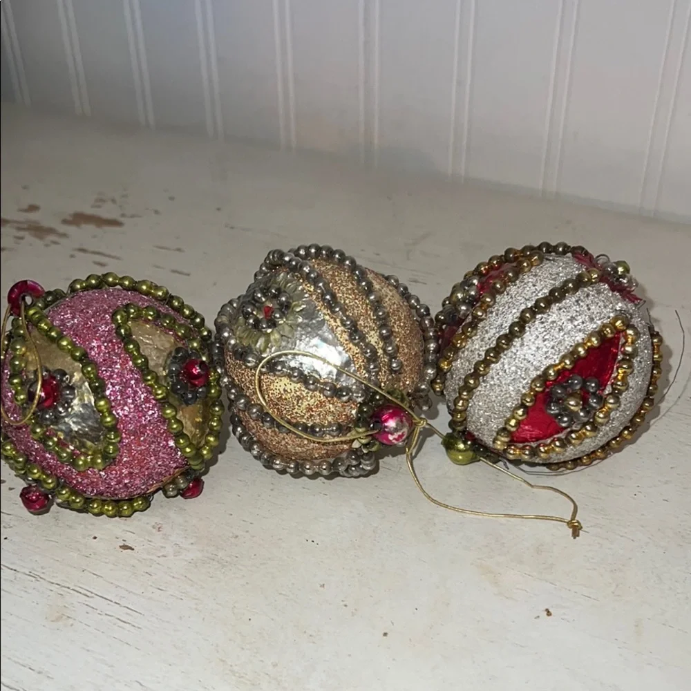 Vintage Mercury glass Beaded Sequined Christmas Ornaments Set balls